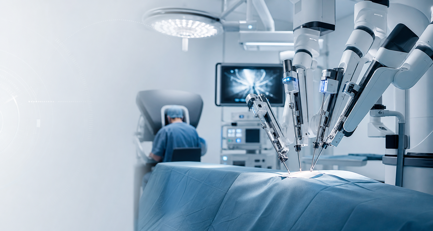Robotic surgical system positioned over a draped patient in a modern operating room